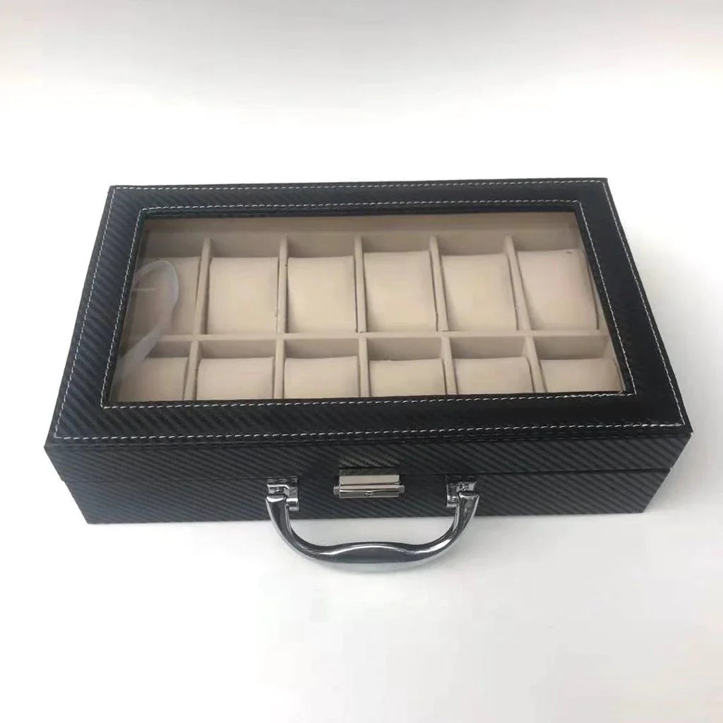 PU Leather Watch Storage Box with Handle (12 Slots)